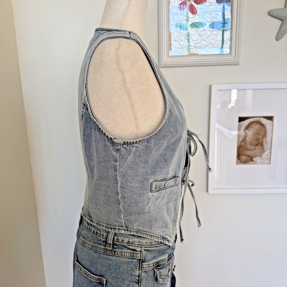 Tie Front Denim Vest Women's Small Light Wash Boho Western Festival Blue Blush - Picture 4 of 9